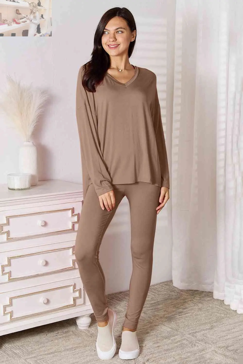 Basic Bae Full Size V-Neck Soft Rayon Long Sleeve Top and Pants Lounge Set