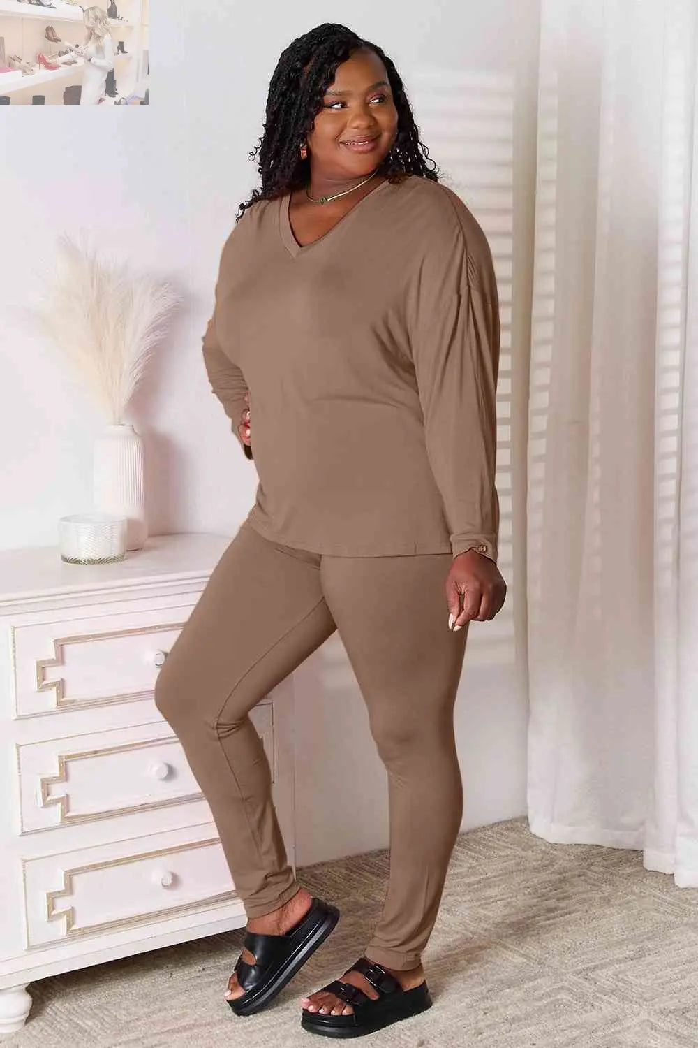 Basic Bae Full Size V-Neck Soft Rayon Long Sleeve Top and Pants Lounge Set