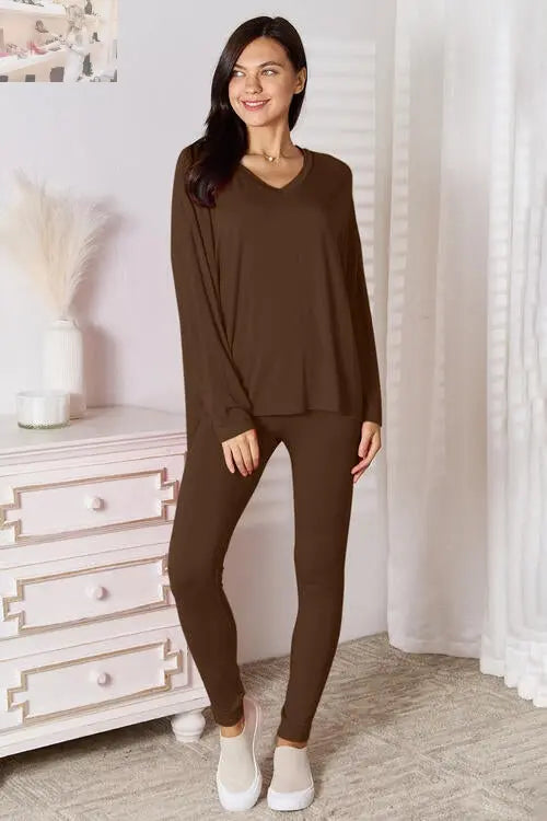 Basic Bae Full Size V-Neck Soft Rayon Long Sleeve Top and Pants Lounge Set