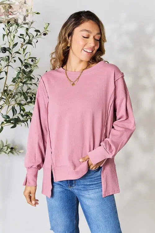 Culture Code Full Size Round Neck Exposed Seam Slit Top
