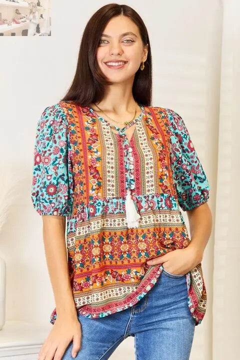 Double Take Bohemian Tassel Tie Puff Sleeve Babydoll Blouse