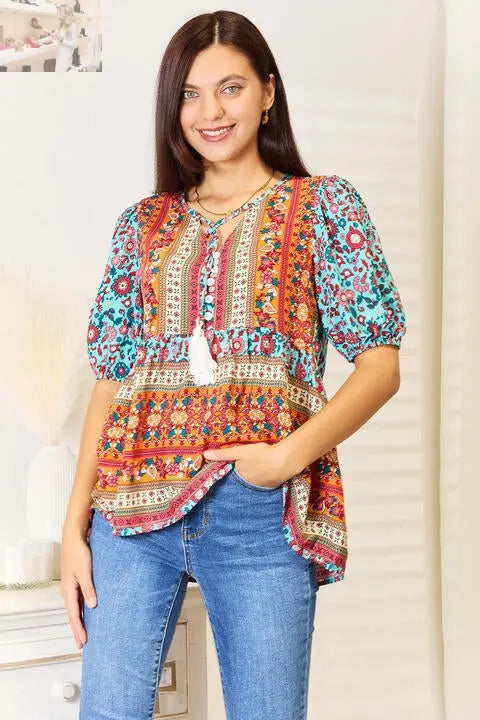 Double Take Bohemian Tassel Tie Puff Sleeve Babydoll Blouse