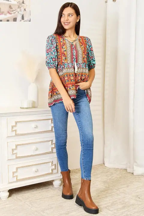 Double Take Bohemian Tassel Tie Puff Sleeve Babydoll Blouse