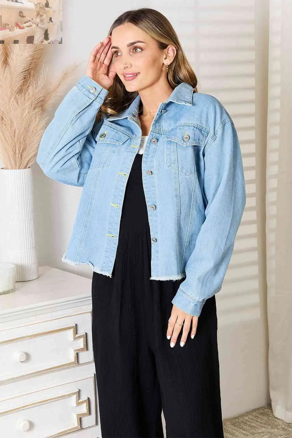 Double Take Dropped Shoulder Raw Hem Denim Jacket
