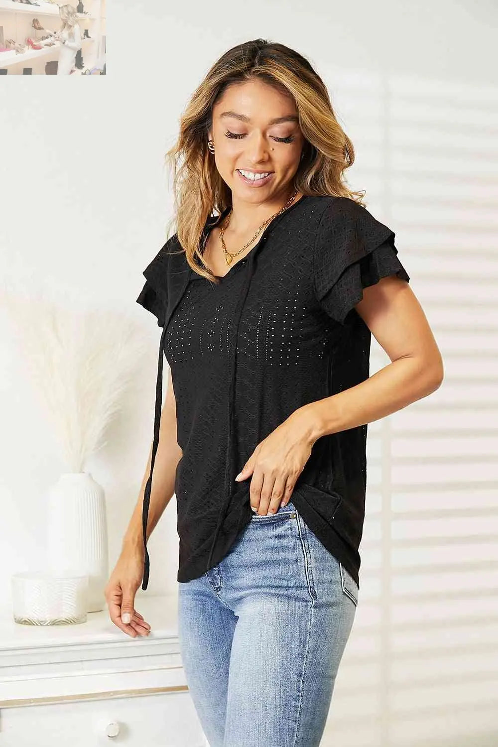 Double Take Eyelet Tie-Neck Flutter Sleeve Blouse