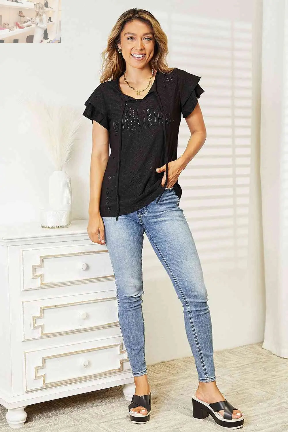 Double Take Eyelet Tie-Neck Flutter Sleeve Blouse