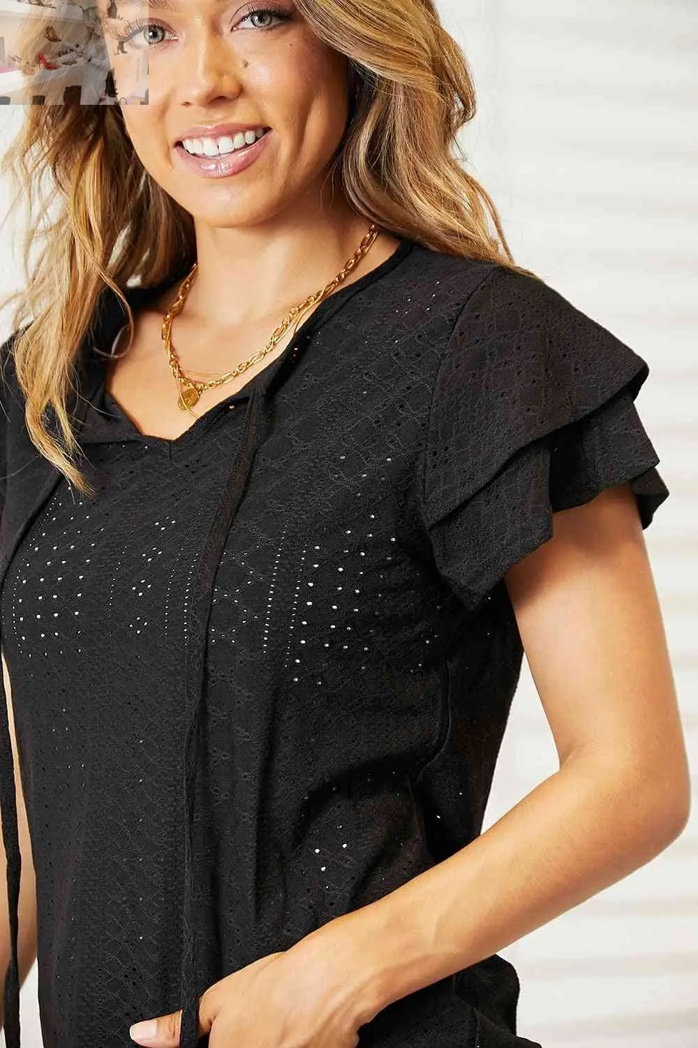 Double Take Eyelet Tie-Neck Flutter Sleeve Blouse