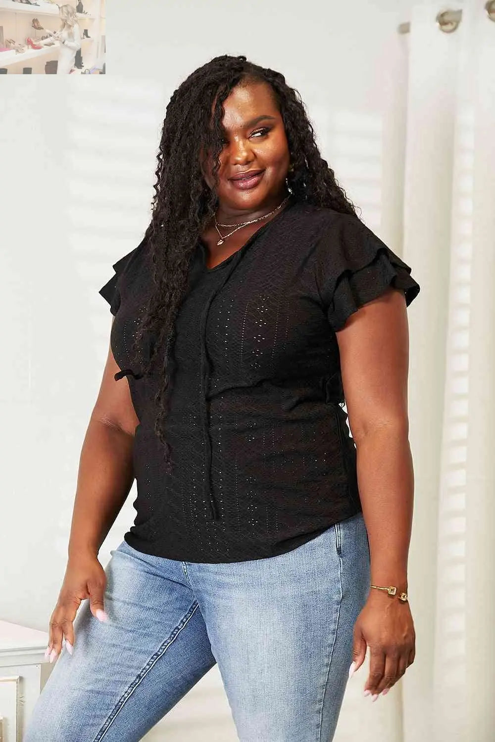 Double Take Eyelet Tie-Neck Flutter Sleeve Blouse
