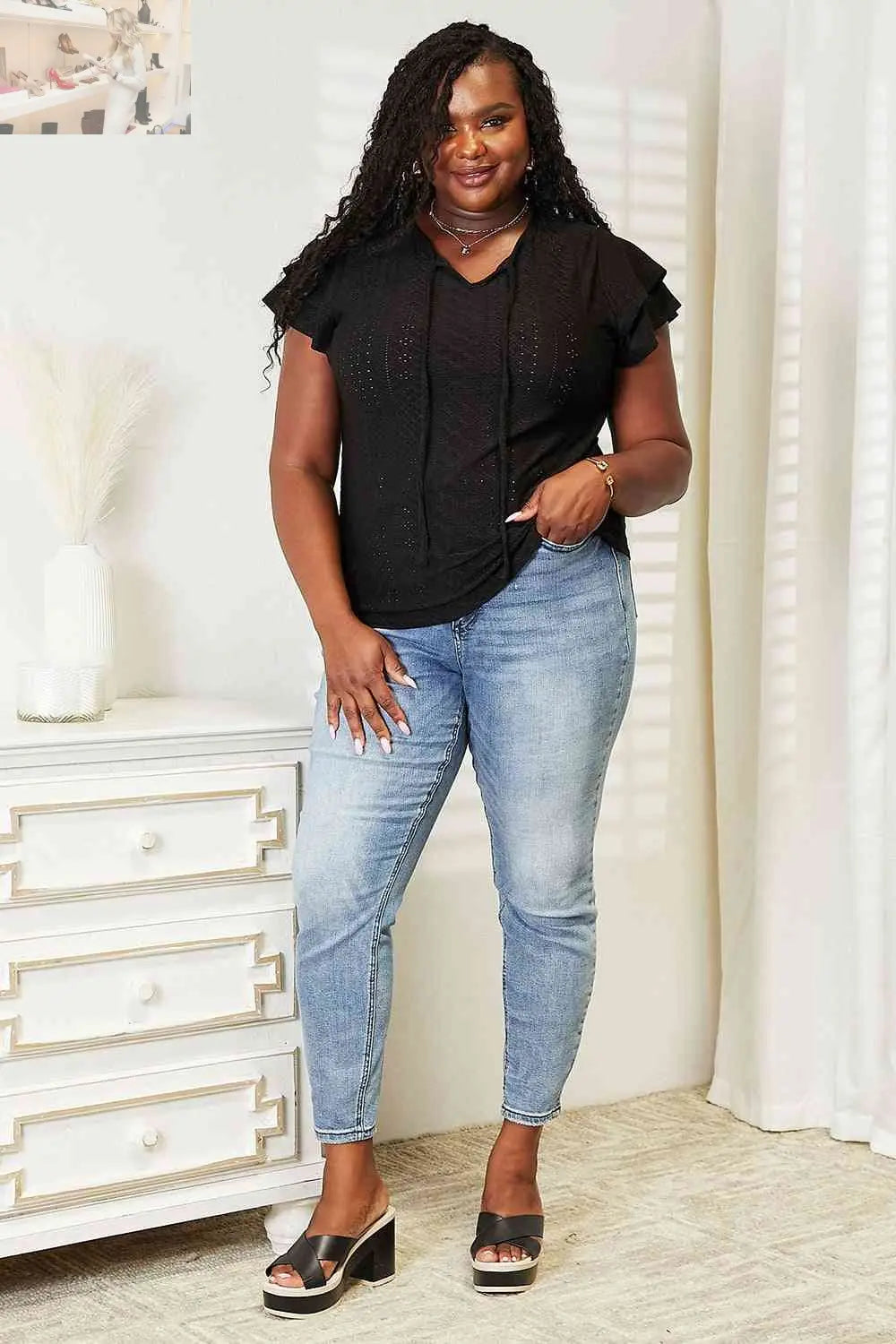 Double Take Eyelet Tie-Neck Flutter Sleeve Blouse