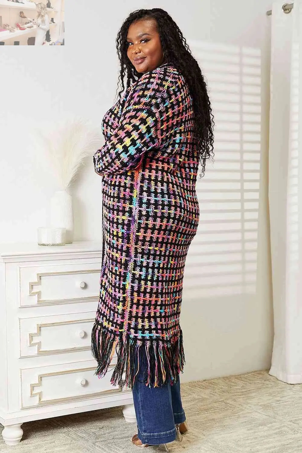 Double Take Full Size Multicolored Open Front Fringe Hem Cardigan