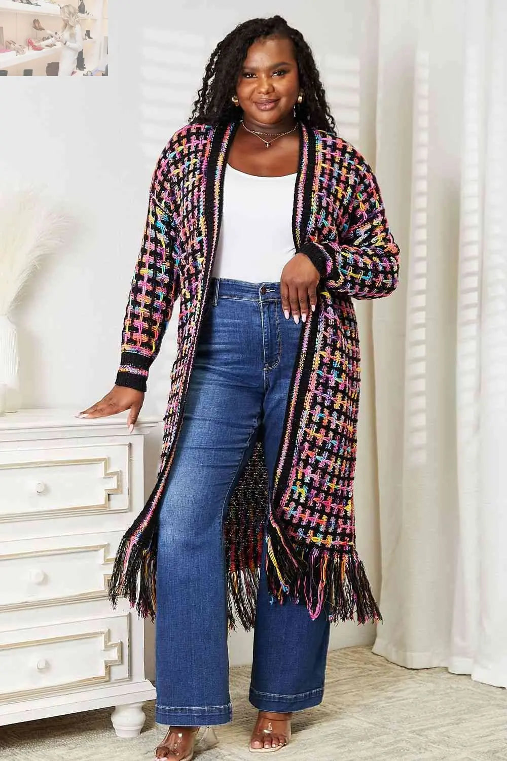 Double Take Full Size Multicolored Open Front Fringe Hem Cardigan