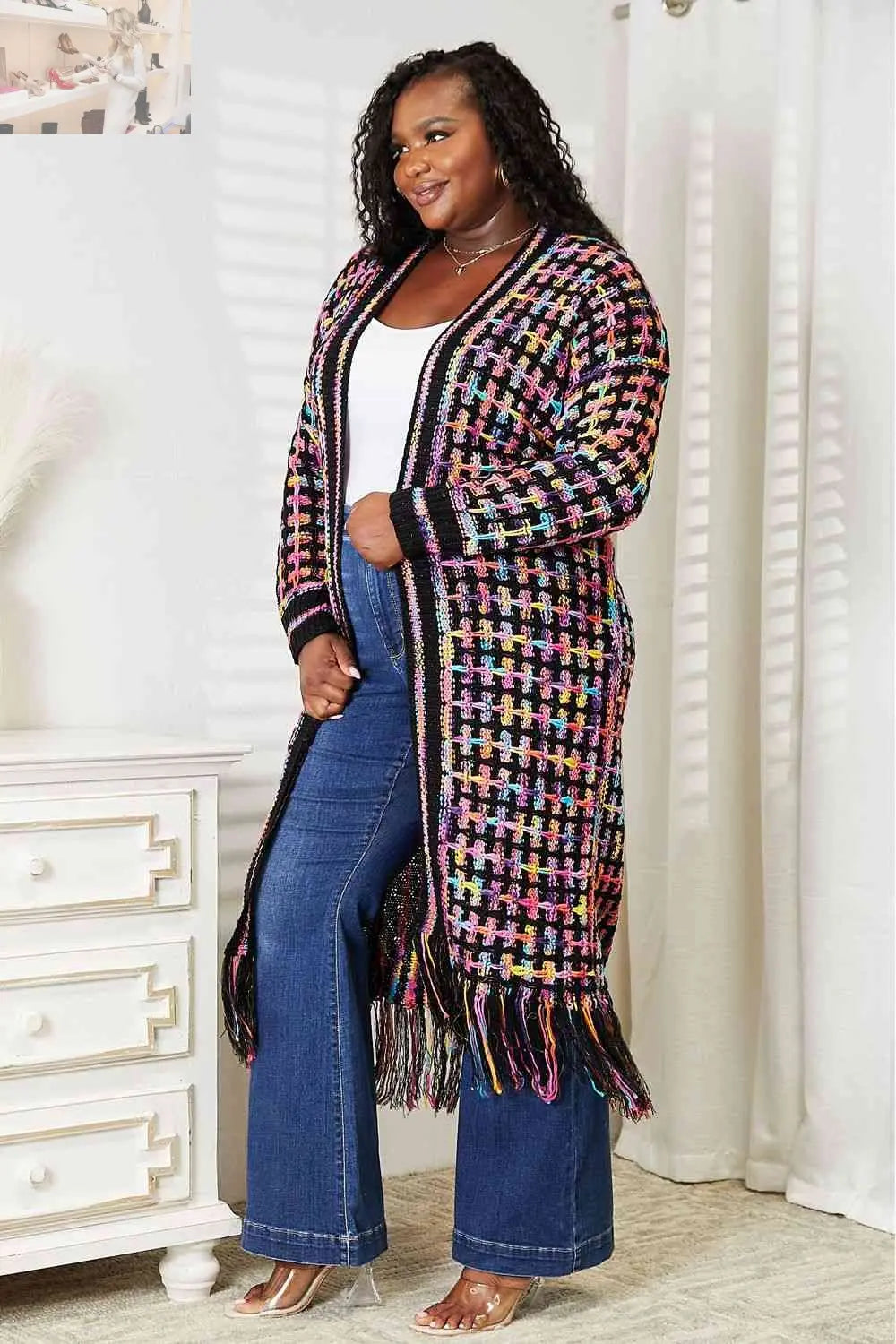 Double Take Full Size Multicolored Open Front Fringe Hem Cardigan