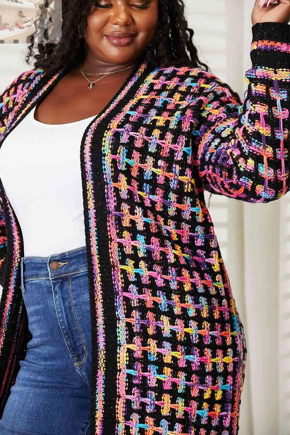 Double Take Full Size Multicolored Open Front Fringe Hem Cardigan