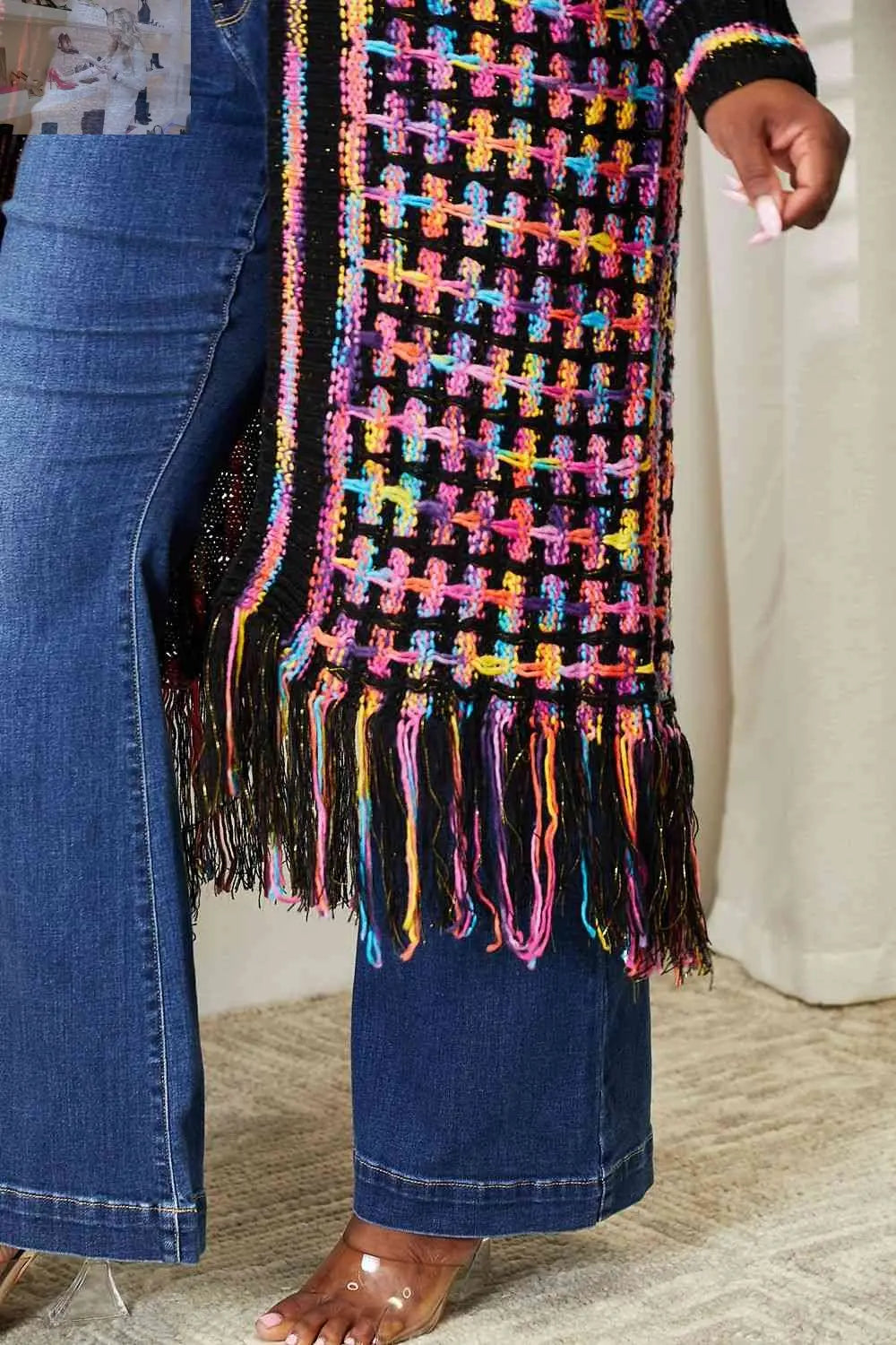 Double Take Full Size Multicolored Open Front Fringe Hem Cardigan