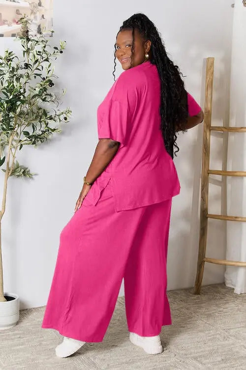 Double Take Full Size Round Neck Slit Top and Pants Set