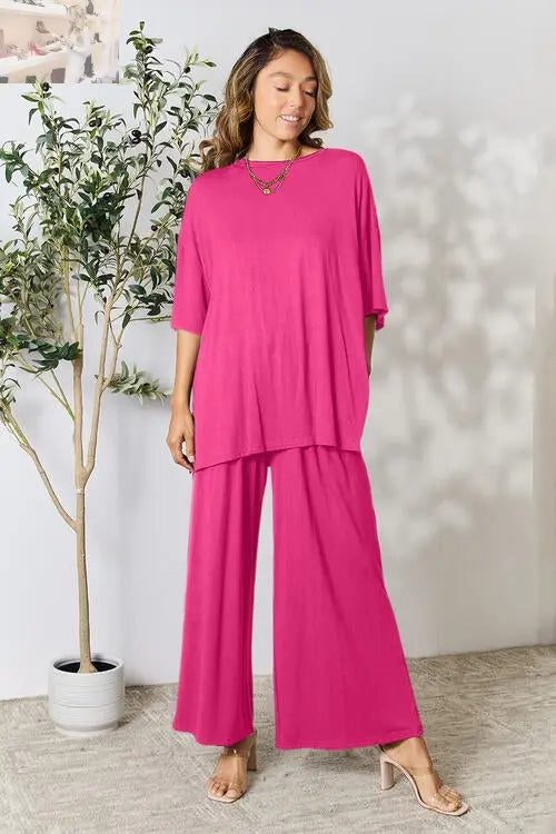 Double Take Full Size Round Neck Slit Top and Pants Set
