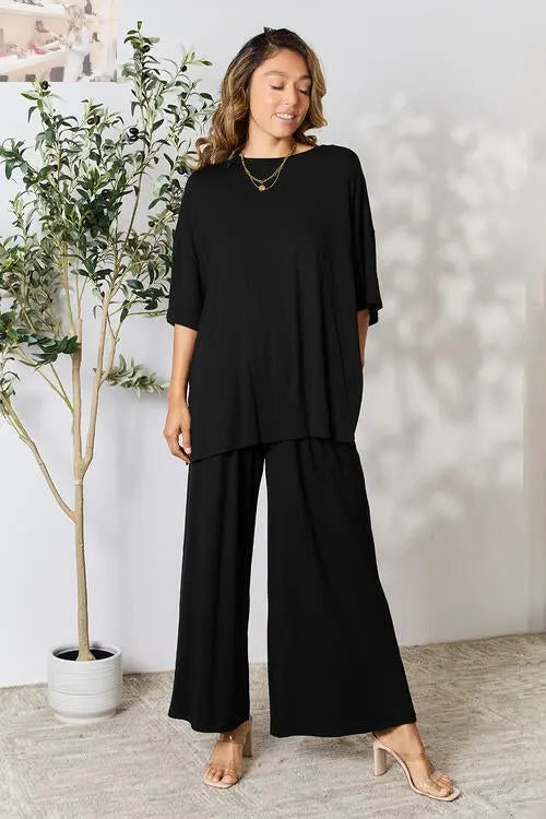 Double Take Full Size Round Neck Slit Top and Pants Set