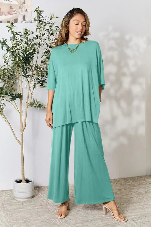 Double Take Full Size Round Neck Slit Top and Pants Set
