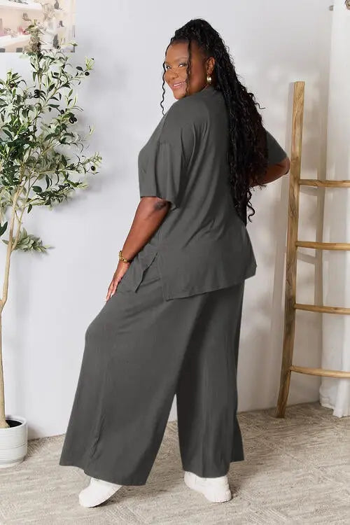 Double Take Full Size Round Neck Slit Top and Pants Set