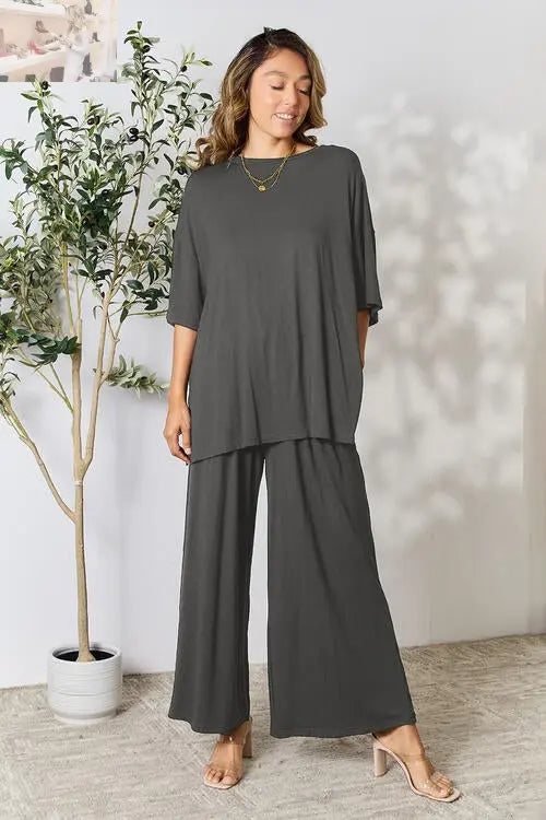 Double Take Full Size Round Neck Slit Top and Pants Set