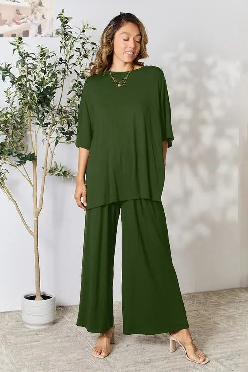 Double Take Full Size Round Neck Slit Top and Pants Set