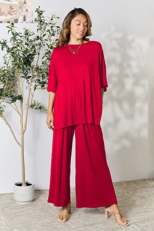 Double Take Full Size Round Neck Slit Top and Pants Set