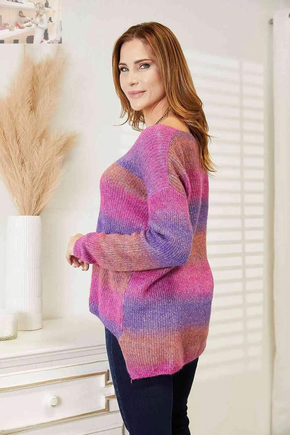 Double Take Multicolored Rib-Knit V-Neck Knit Pullover