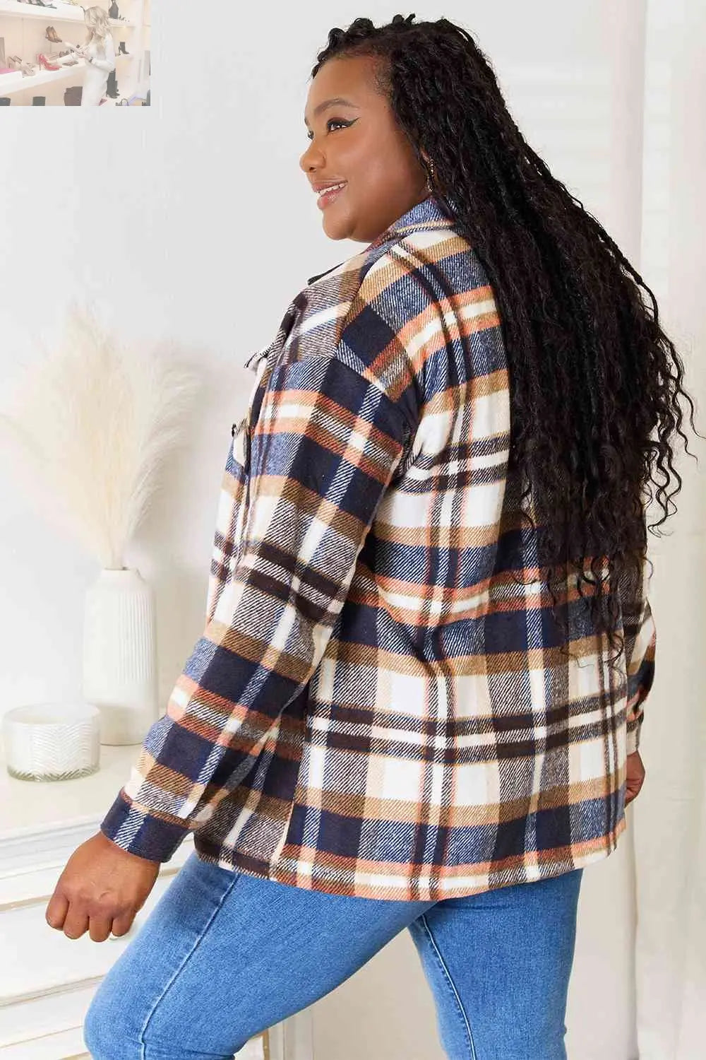 Double Take Plaid Button Front Shirt Jacket with Breast Pockets