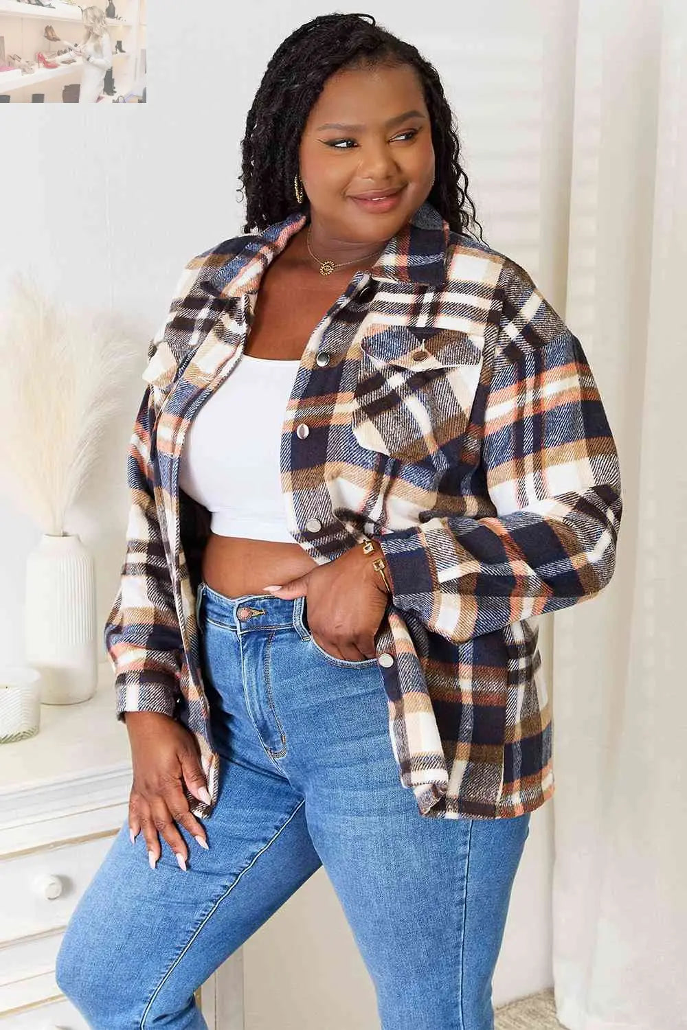 Double Take Plaid Button Front Shirt Jacket with Breast Pockets