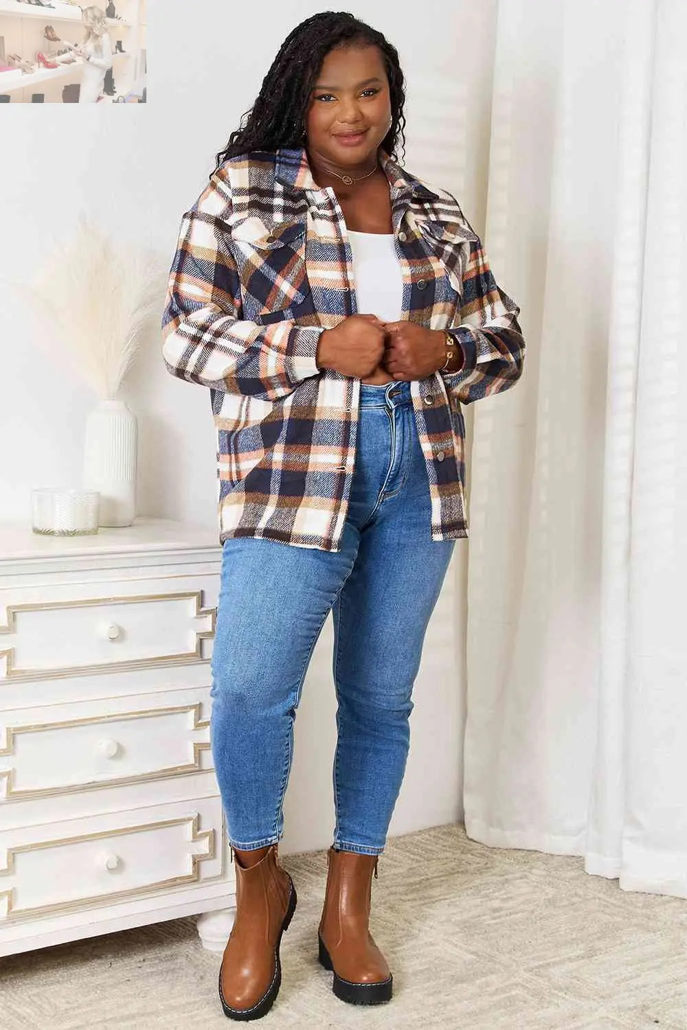 Double Take Plaid Button Front Shirt Jacket with Breast Pockets