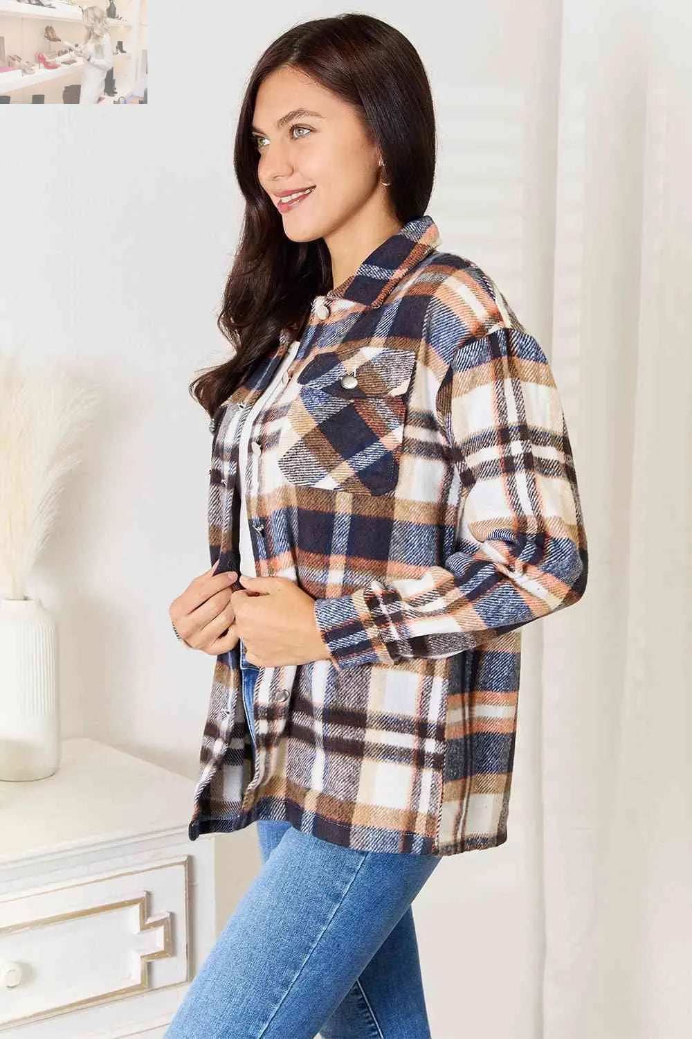 Double Take Plaid Button Front Shirt Jacket with Breast Pockets