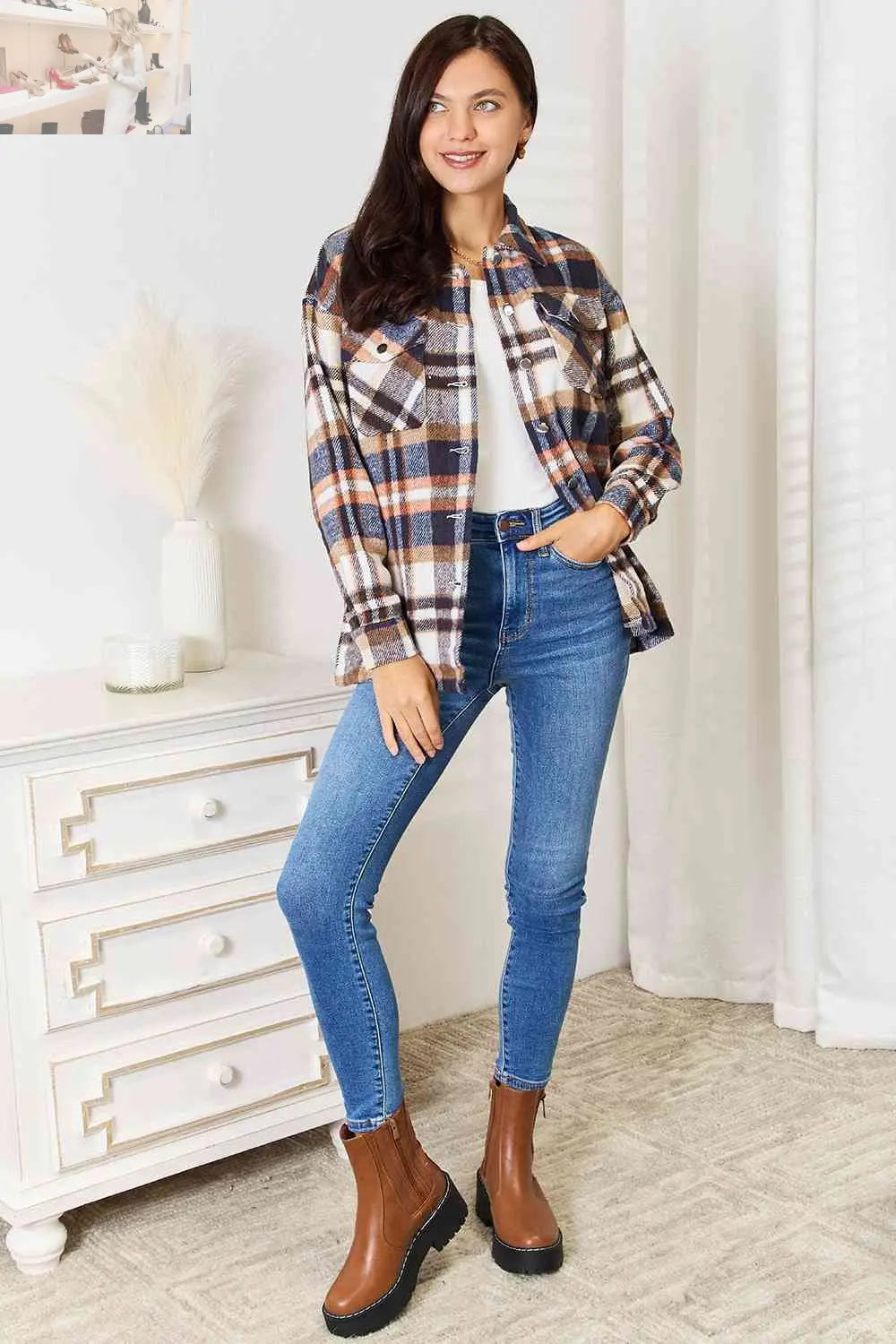 Double Take Plaid Button Front Shirt Jacket with Breast Pockets