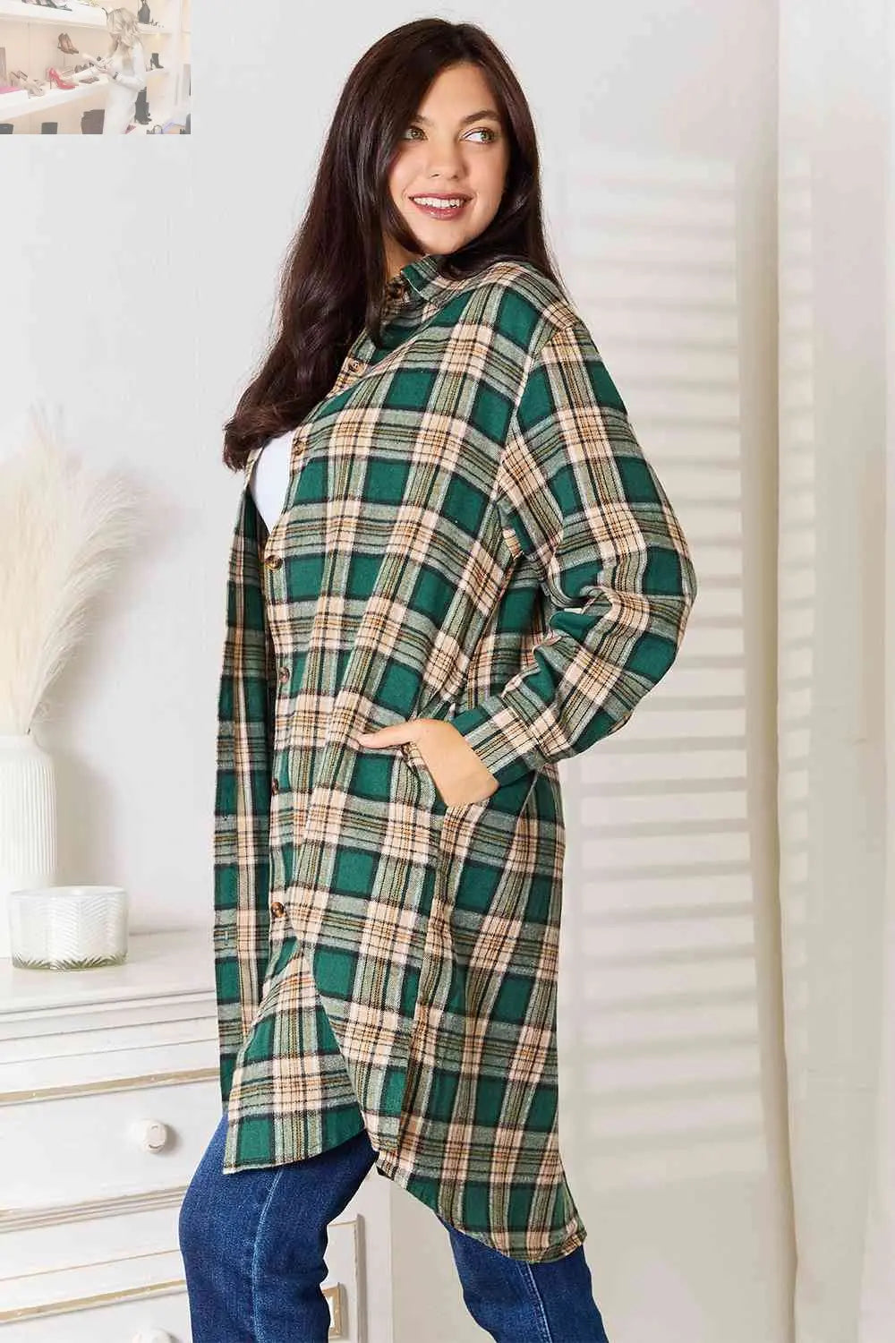 Double Take Plaid Collared Neck Long Sleeve Shirt