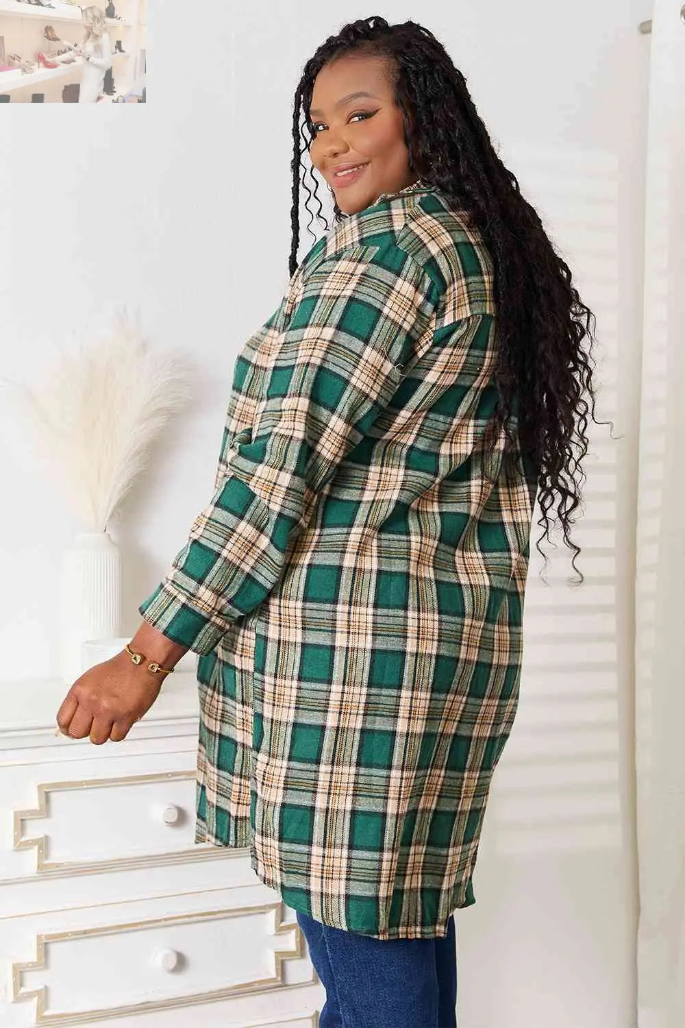 Double Take Plaid Collared Neck Long Sleeve Shirt
