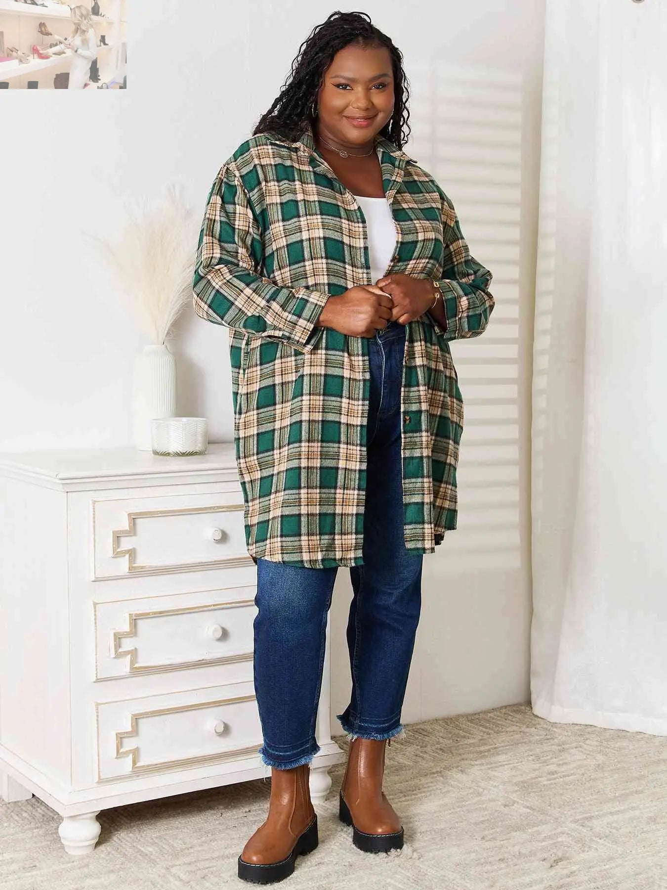 Double Take Plaid Collared Neck Long Sleeve Shirt