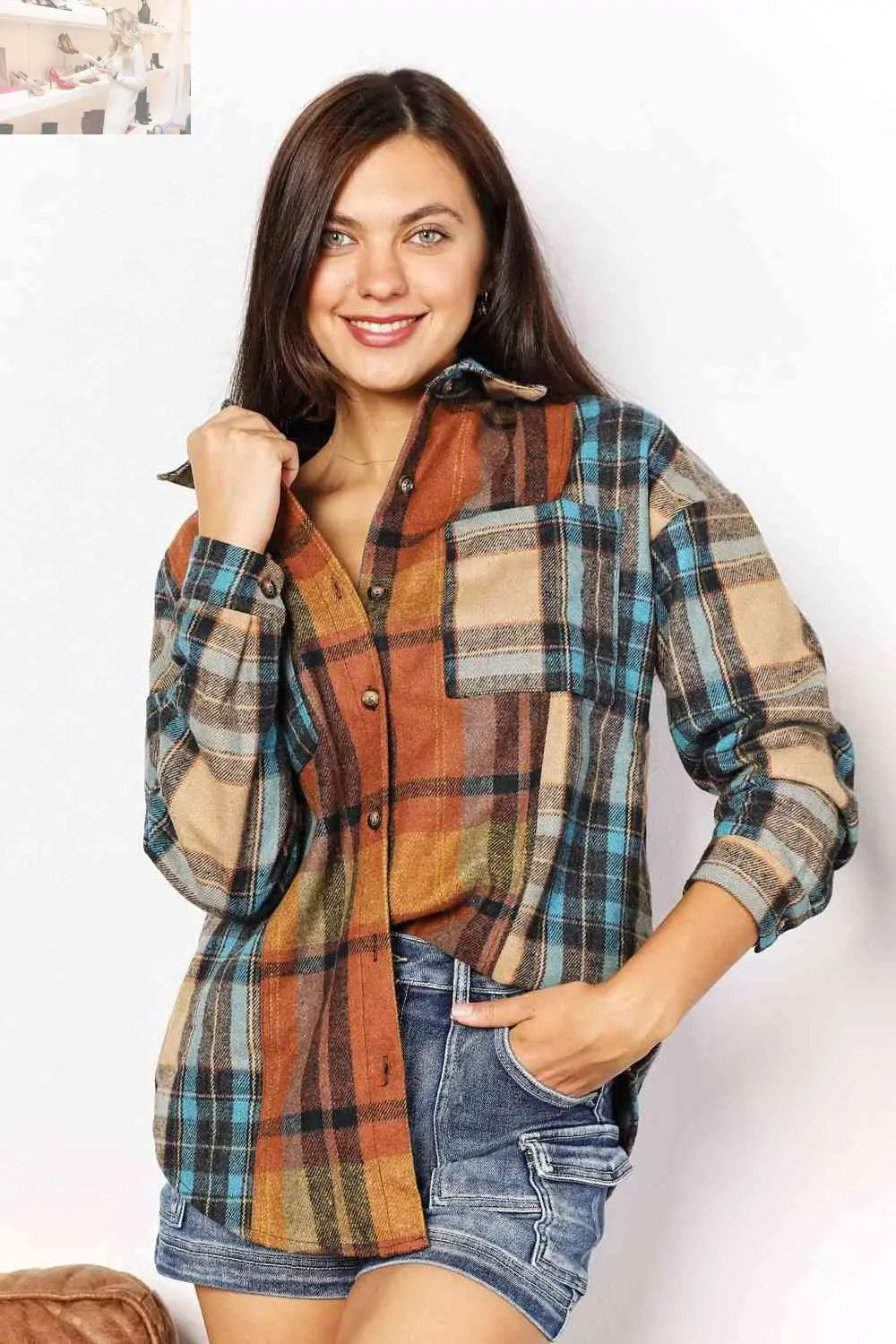 Double Take Plaid Curved Hem Shirt Jacket with Breast Pockets
