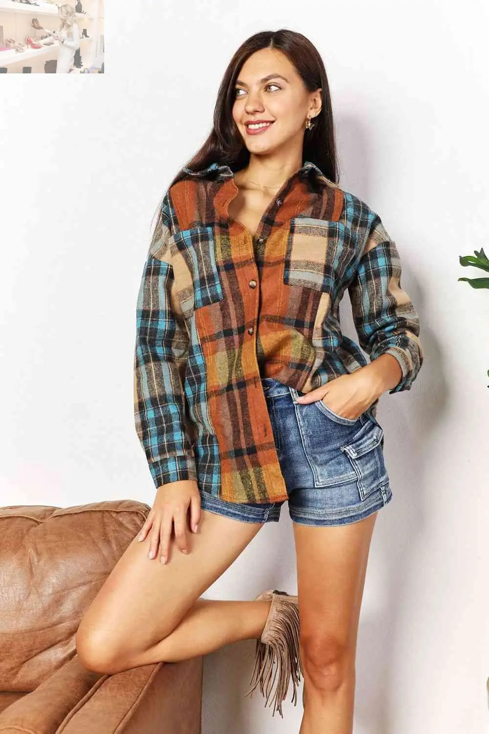 Double Take Plaid Curved Hem Shirt Jacket with Breast Pockets