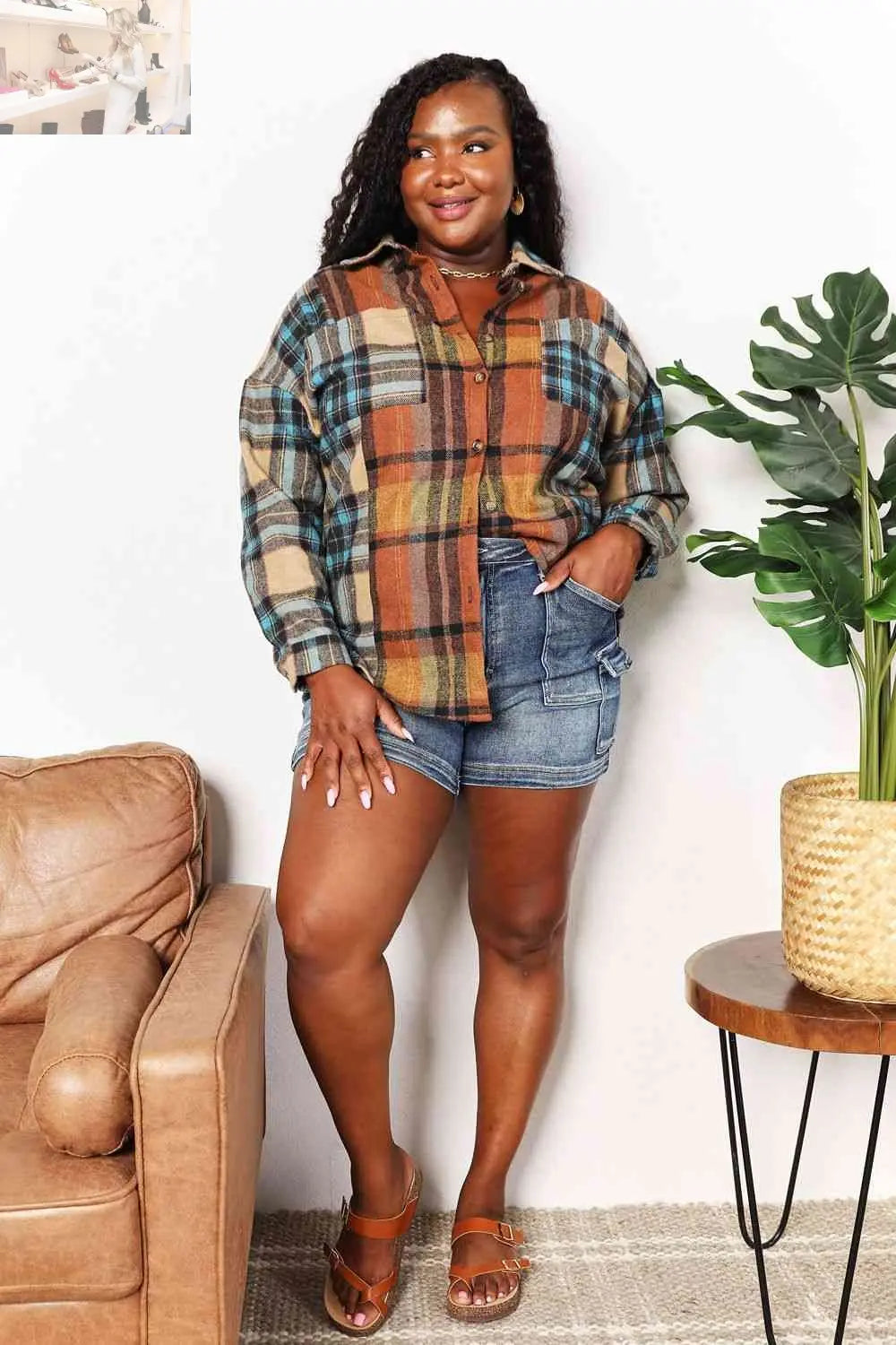 Double Take Plaid Curved Hem Shirt Jacket with Breast Pockets