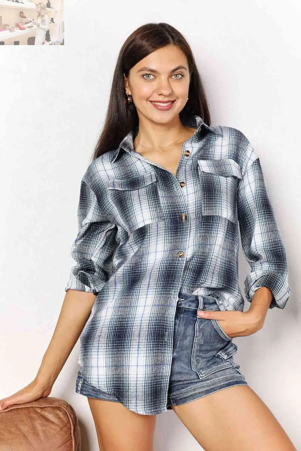 Double Take Plaid Dropped Shoulder Shirt