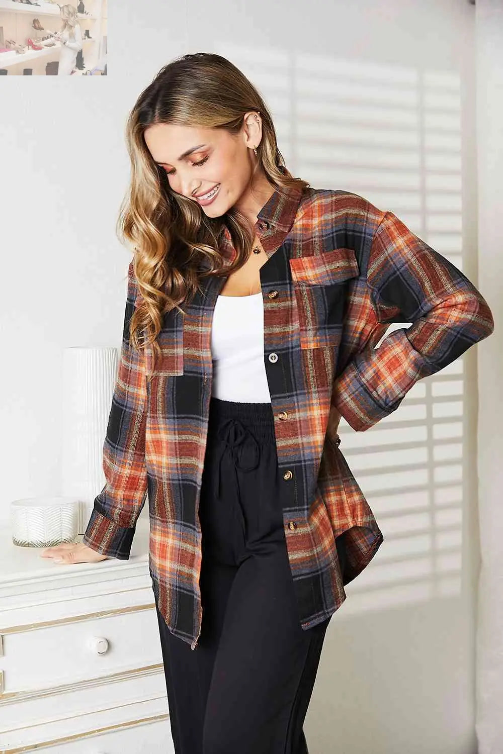 Double Take Plaid Dropped Shoulder Shirt
