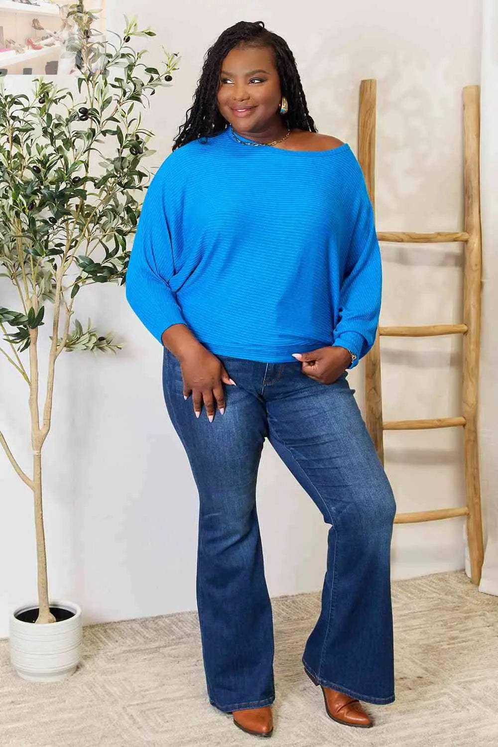 Zenana Full Size Round Neck Batwing Sleeve Blouse