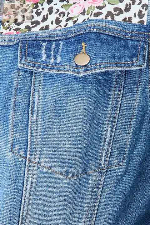 Baeful Leopard Floral Distressed Denim Jacket with Raw Hem - MegaSuperStar