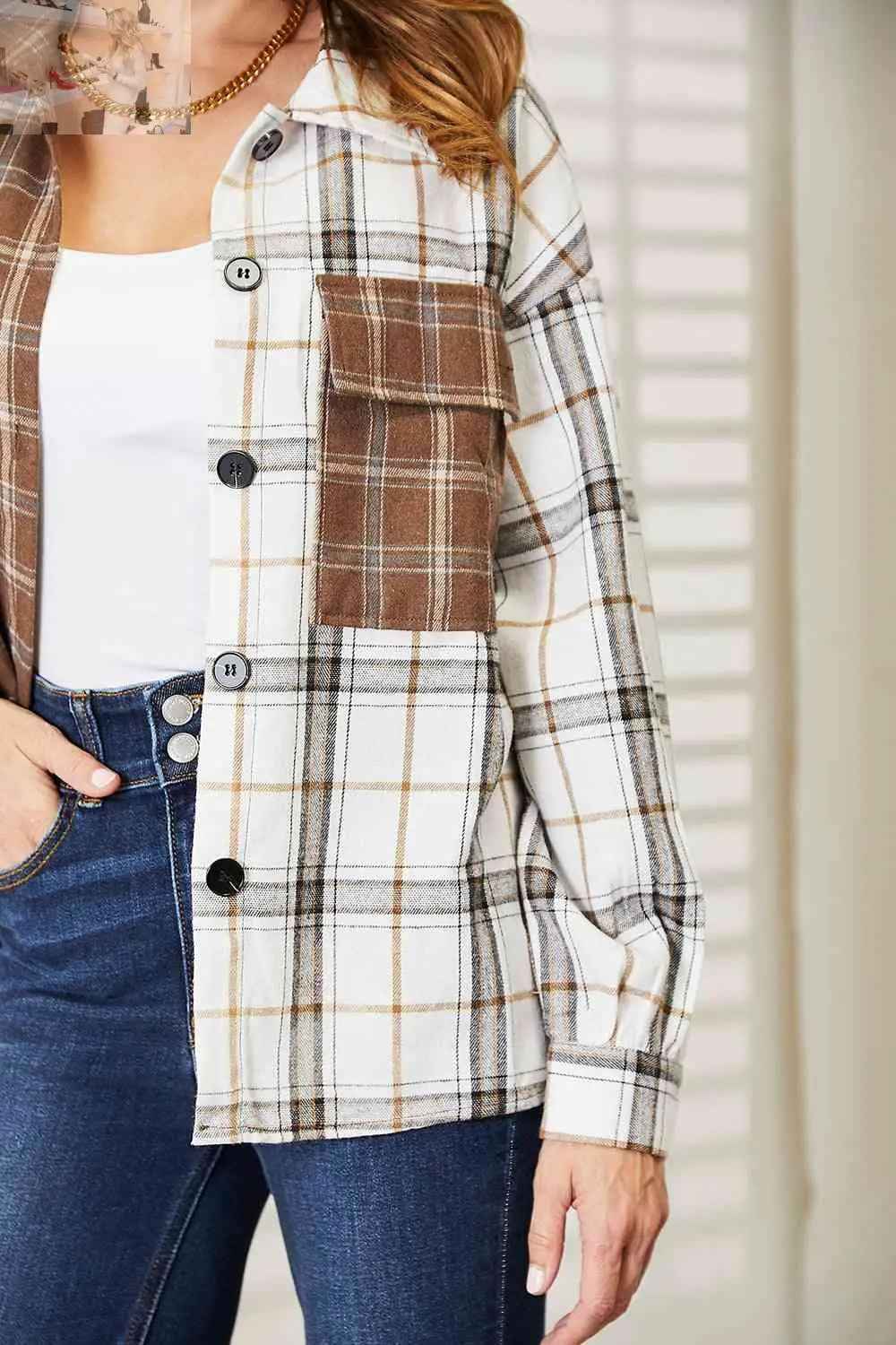 Double Take Plaid Button - Up Shirt Jacket - MegaSuperStar