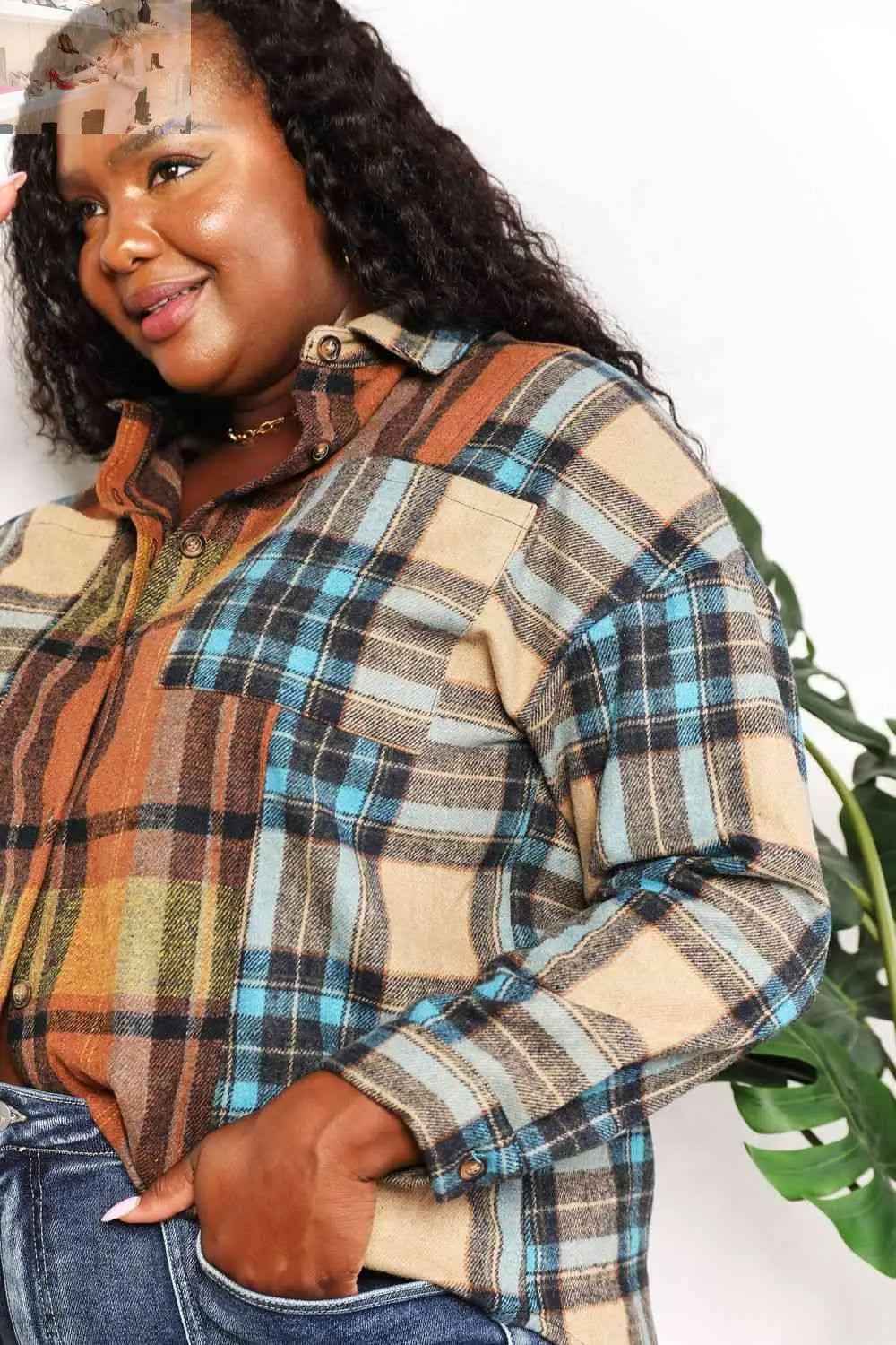 Double Take Plaid Curved Hem Shirt Jacket with Breast Pockets - MegaSuperStar