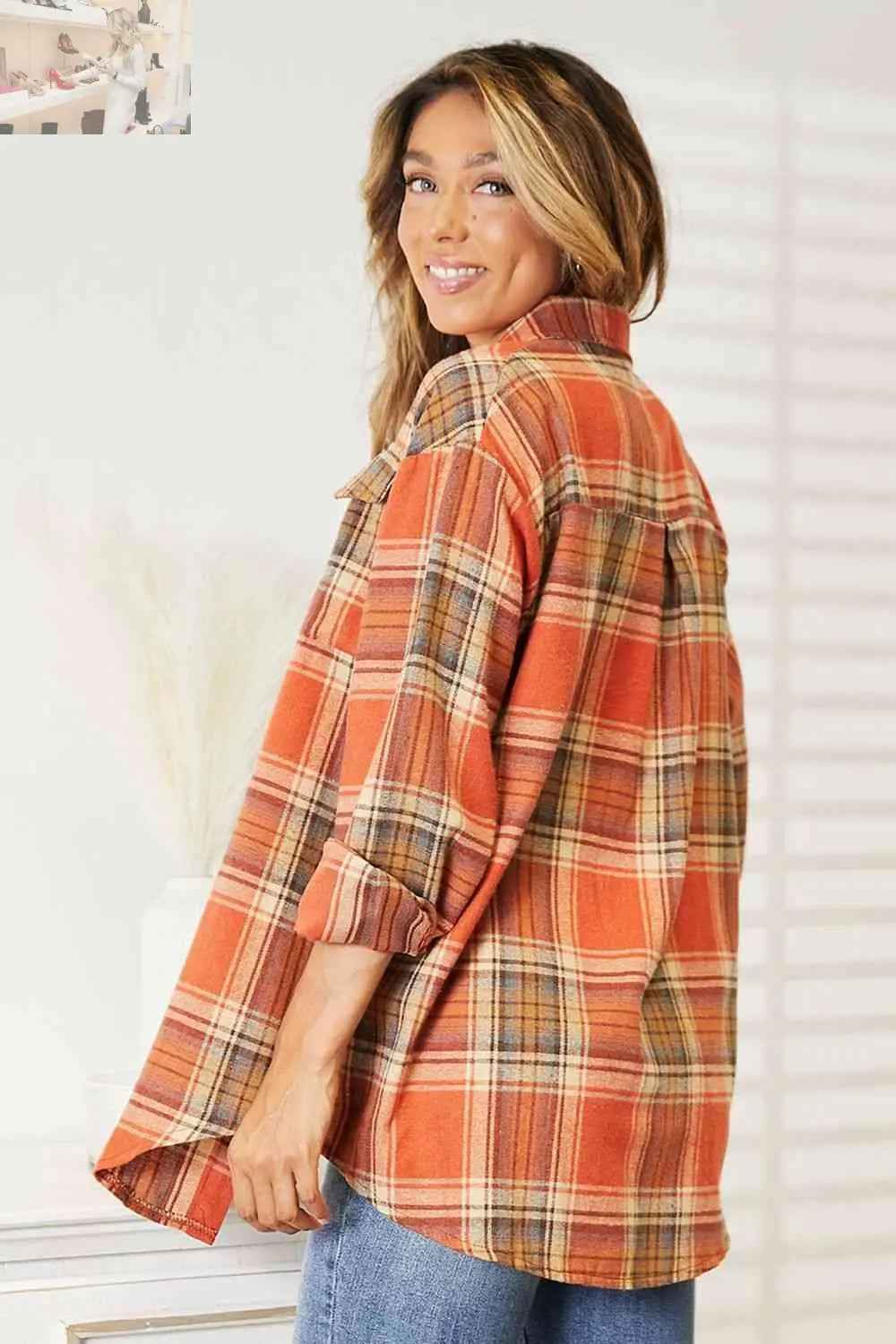 Double Take Plaid Dropped Shoulder Shirt - MegaSuperStar