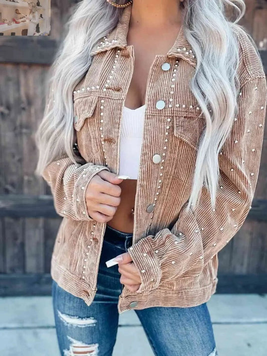 Embrace Edgy Elegance: Transform Your Look with the Studded Collared Neck Button Down Jacket - MegaSuperStar