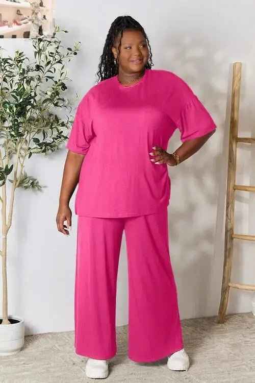 Flirty Fall Fashion: Revamp Your Wardrobe with the Double Take Full Size Round Neck Slit Top and Pants Set - MegaSuperStar