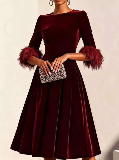 Customer styling Velvet Midi Dress with Feather Cuffs