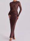 Long-Sleeve Lace and Satin Patchwork Maxi Dress thumbnail