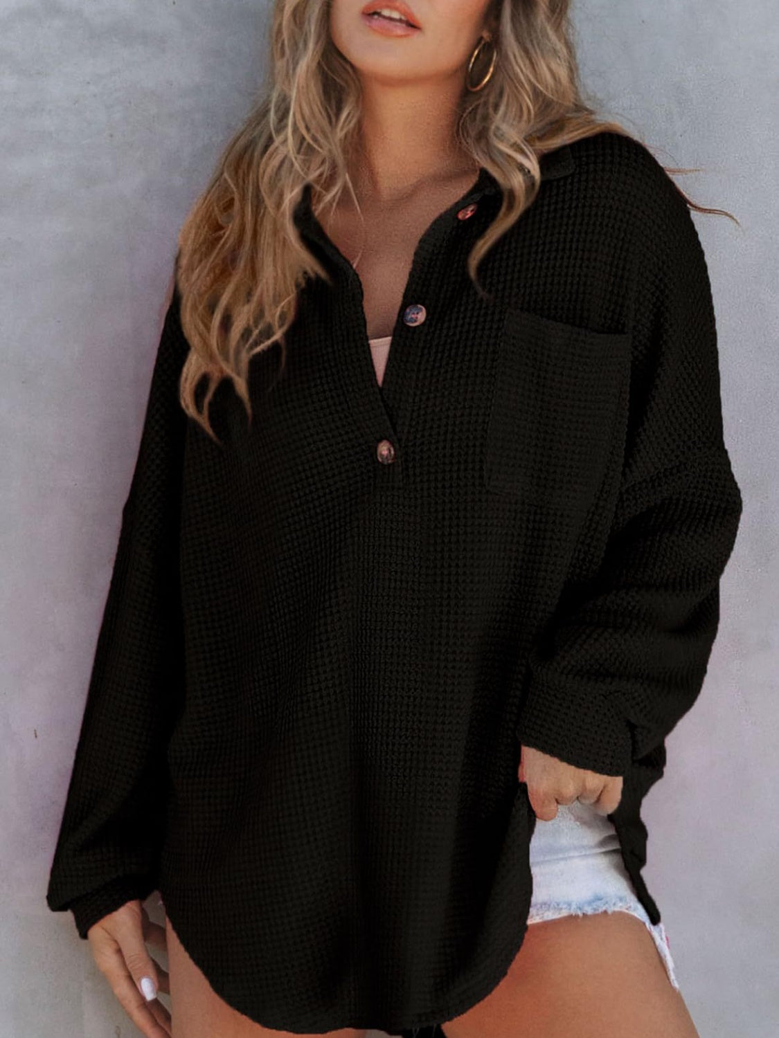 Waffle-Knit Dropped Shoulder Long Sleeve Sweatshirt